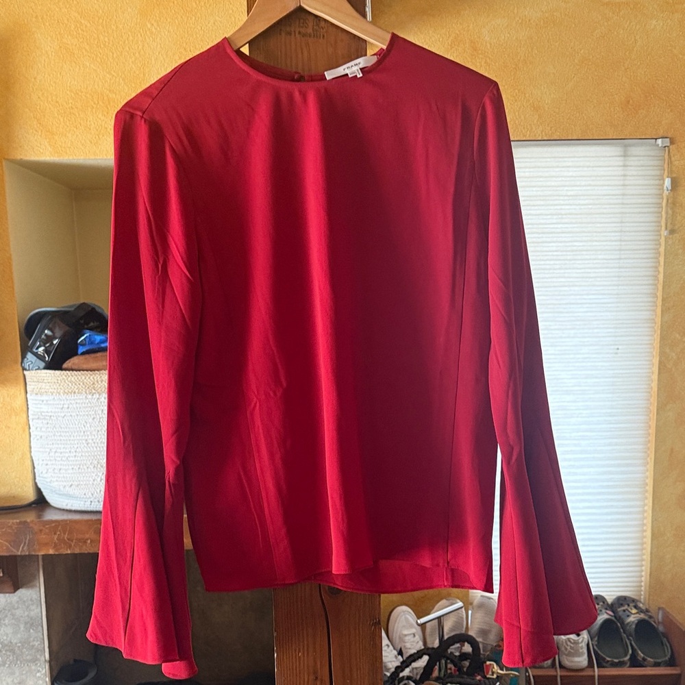 Frame Denim Red Long-Sleeve Blouse with Flared Sleeves